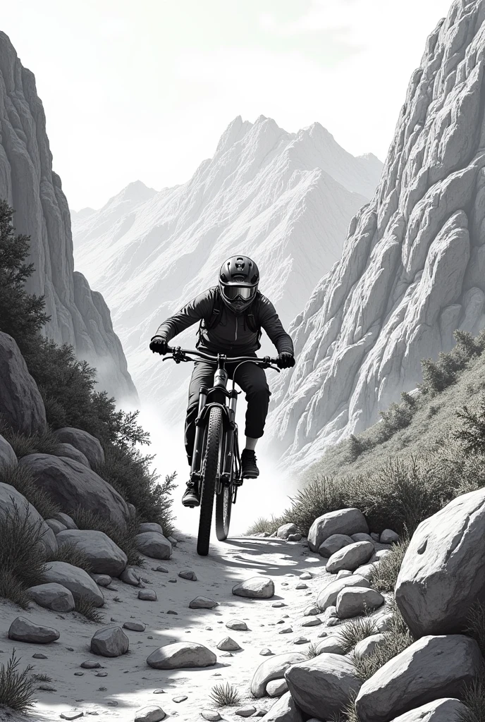 Drawing of a mountain biker descending the mountains