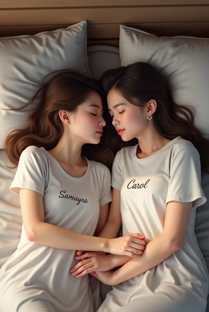 Creat a realistic image of two girls sleeping on top of eachother in the bed and wearing white tops and on once top it's written samayra and another it's written carol