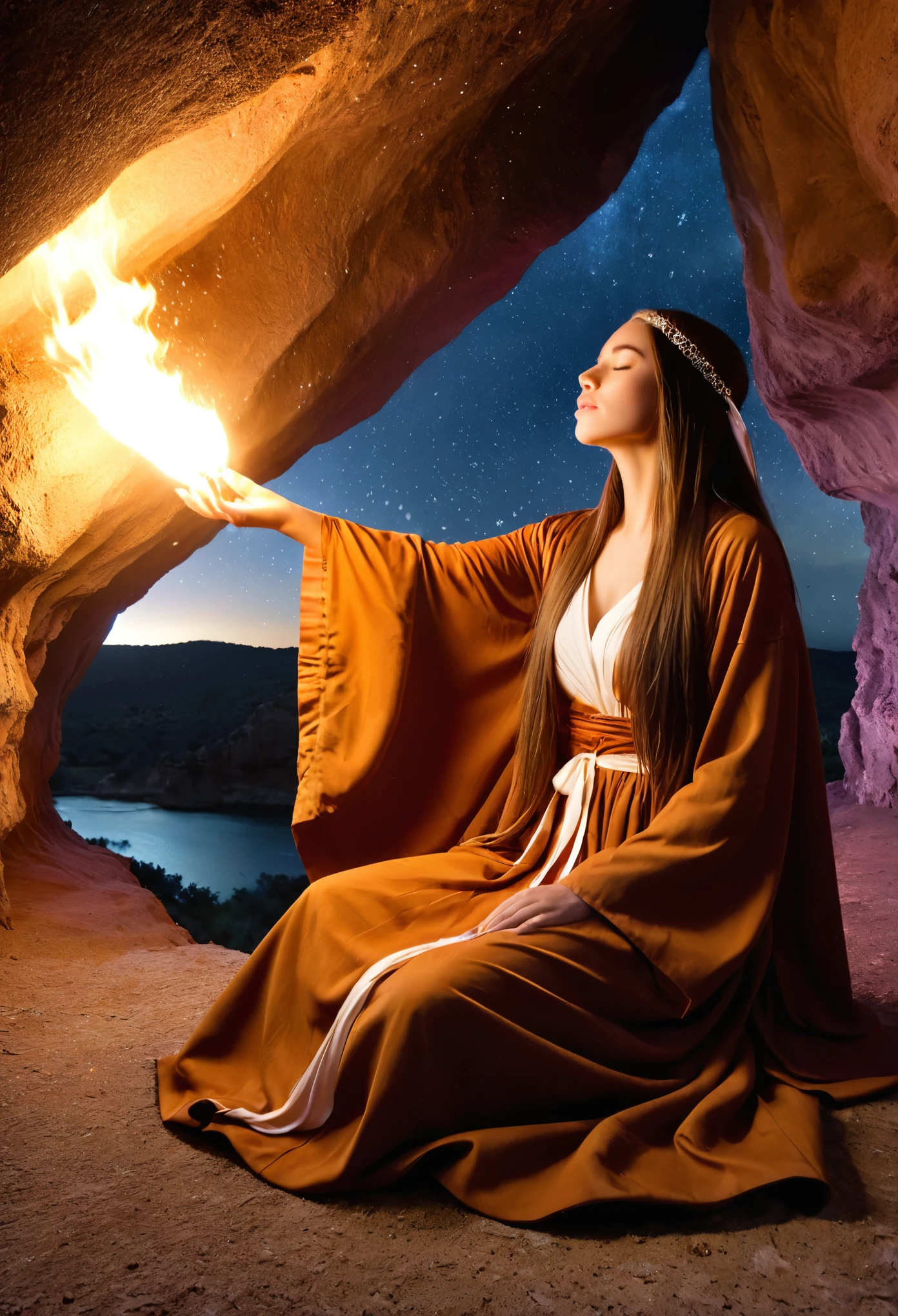 (Highest quality, masterpiece), (One girl, alone,Brown robes, expression, avert your eyes, Sitting, Wide sleeves, Iris, Mouth closed, Ribbon-shaped fire on head, Long Hair, Cowboy Shot), (Night sky at the cave entrance , Light rising from below, Inside the cave, A bunch of floating glowing white particles, Burning fire at hand, Many small fires are floating),