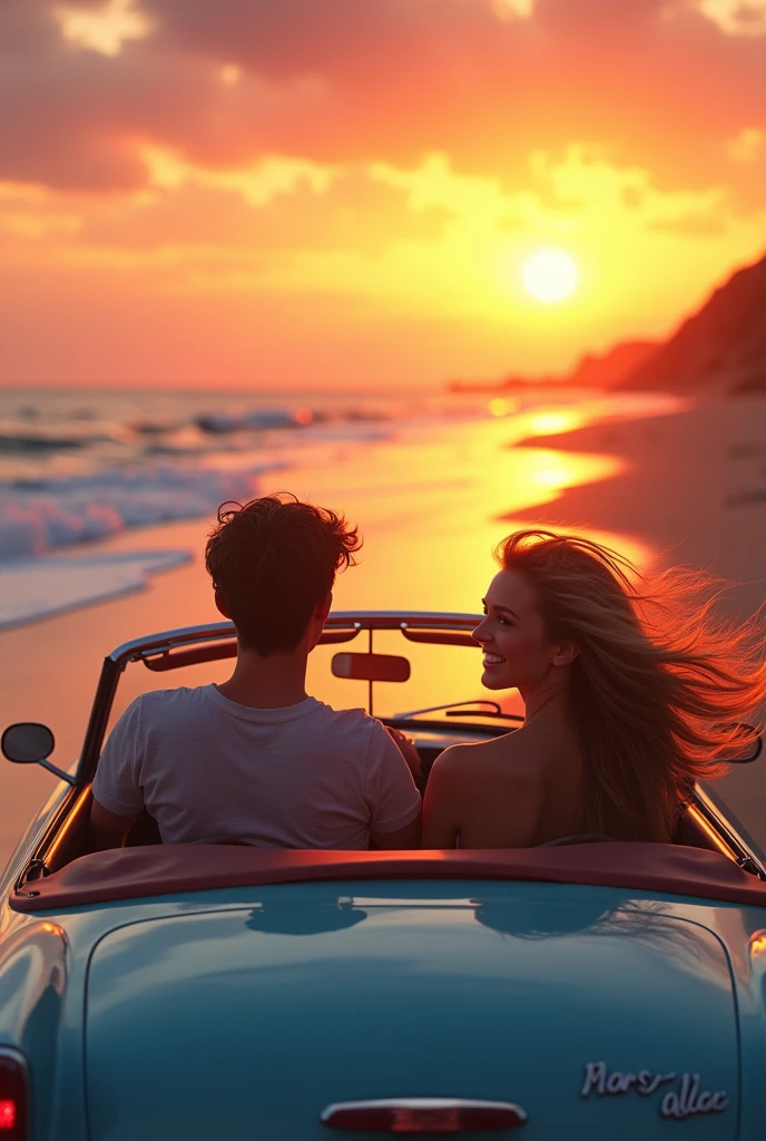 Along the beach at sunset、A sporty and elegant convertible（Drop Top Coupe）A scene where。There was a young couple in the car.、She is laughing happily with her hair blowing in the wind。In the background is a beach with gentle waves lapping on the shore.、The sky is dyed with the setting sun。The whole scene is warm、There is an atmosphere of love、In the distance, I can see the road I&#39;m running on。A romantic image that makes couples want to go on adventures together。Fantasy