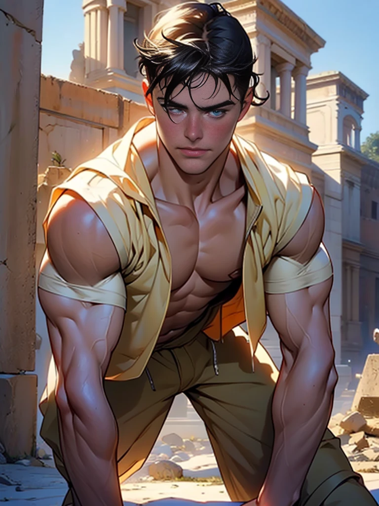 (((Stephen AMELL))) AS A Herculean gladiator,mature man , in mid fourties, bare chest, lower body revealed from thighs to feet, long curls cascading, meticulous muscle definition, photorealistic portrayal, 4K quality. Background: Colosseum in ancient Rome,32k uhd, best quality, masterpiece, super detail, high details