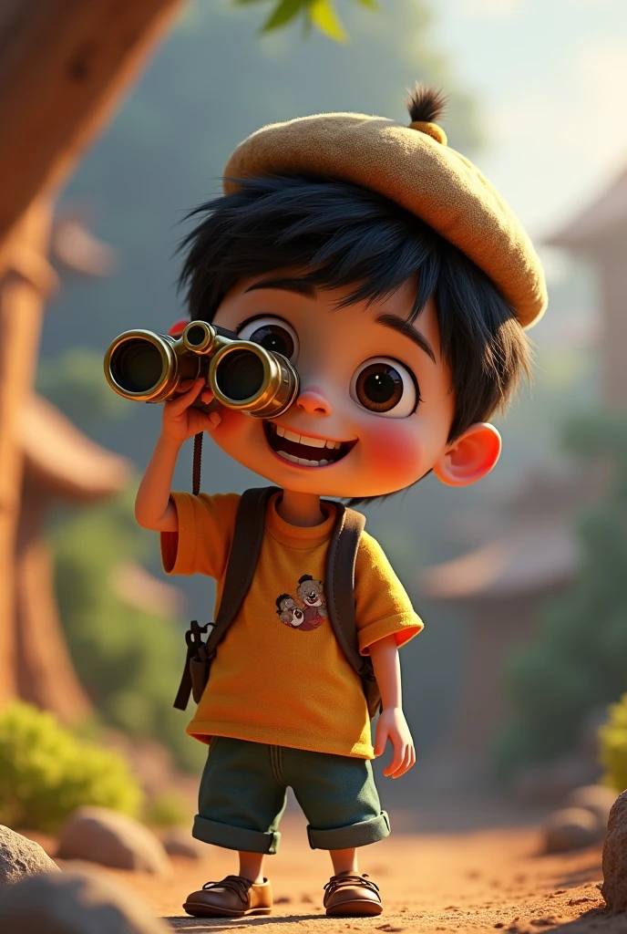 Create a 3D Disney Pixar character of a light-skinned boy with a hat and black hair, body facing crookedly to the left looking through binoculars with a happy smile.