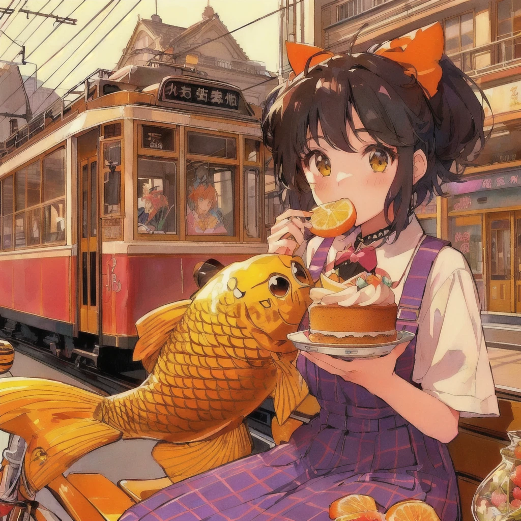 Anime girl eating a goldfish and strawberry cake with a tram in the background, Anime Style 4 k, Anime Food, Trending Anime Art, Beautiful and detailed anime art, Anime Style illustration, Anime Art Wallpapers 8K, Retro anime, 80年代のAnime Style, Anime Style. 8k, Very Beautiful Anime Cat Girl, Cute anime cat girl, Realistic Anime 3D Style, Cute anime visuals