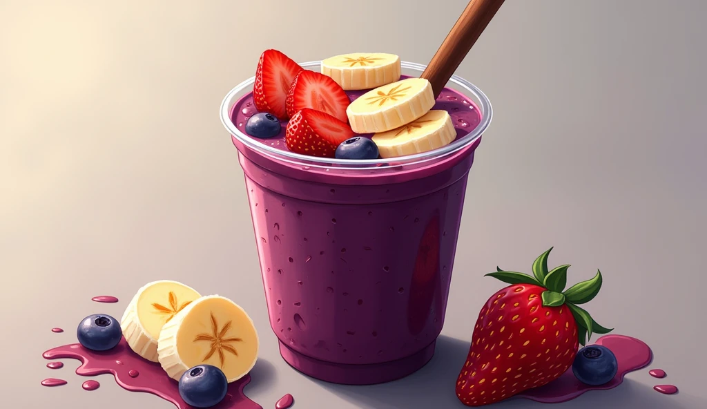 (work of art:1.2, highest quallity,highest quallity,very detailledな:1.2),(very detailled),8k,(best illustrations), a tall plastic cup with dark purple acai, lots of chopped bananas and strawberries on top.