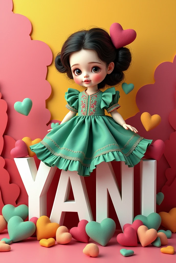 Doll with charro dress with green colors, White and red sitting on the letters YANI with pink and yellow colors with black shadow and colorful hearts around it 