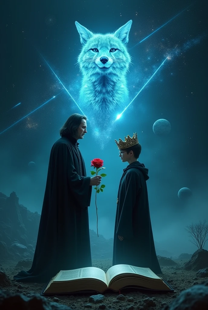 Severus to Snape, the head of Slytherin house must be in the picture, with a red rose in her hand, and Harry Potter's 17-year-old self, in glasses, with a crown on his head. The two characters should stand with their backs to each other. In the middle of the background is a blue glowing fox, similar to protective charms, outer space, the shooting stars, the smaller planets and the two characters have one open, it must be on a blank book. THEY ARE ANONYMOUS should appear at the top of the image.