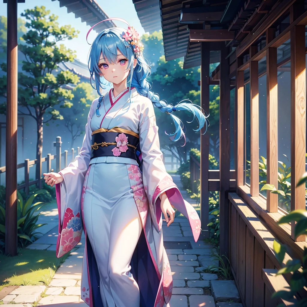(Sky Blue Hair),(Braided Hair),(Pink Eyes),(Fair Skin),(Full Body),(Alone),(first visit of the year to a shrine),(Drawing a divine lot),Japanese kimono,(Masterpiece, Top Quality, Very Detailed, Best Shadows),(Detailed Background),(Beautifully Detailed Face),High Contrast,(Best Lighting, Very Delicate and Beautiful),((Cinematic Light)),Hyper Detail,8k,Dramatic Light,Exquisite Detail,