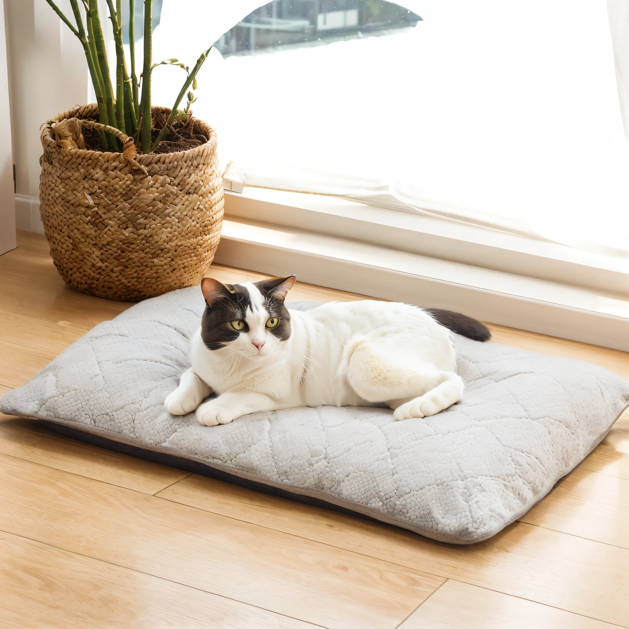 There is a cat lying on a gray plush cushion in front of the window, Natural light and shadow，Photographs，product picture，High-end，Warmth，designed for Comfort aesthetics!, soft - Warm, detailed picture, High quality details, soft and Warm, Very Comfortable, Warm, detailed picture, Very Comfortable], very Comfort, very detailed picture, Comfort, Large and comfortable bed, very detailed and high quality, Panoramic view, Luxury