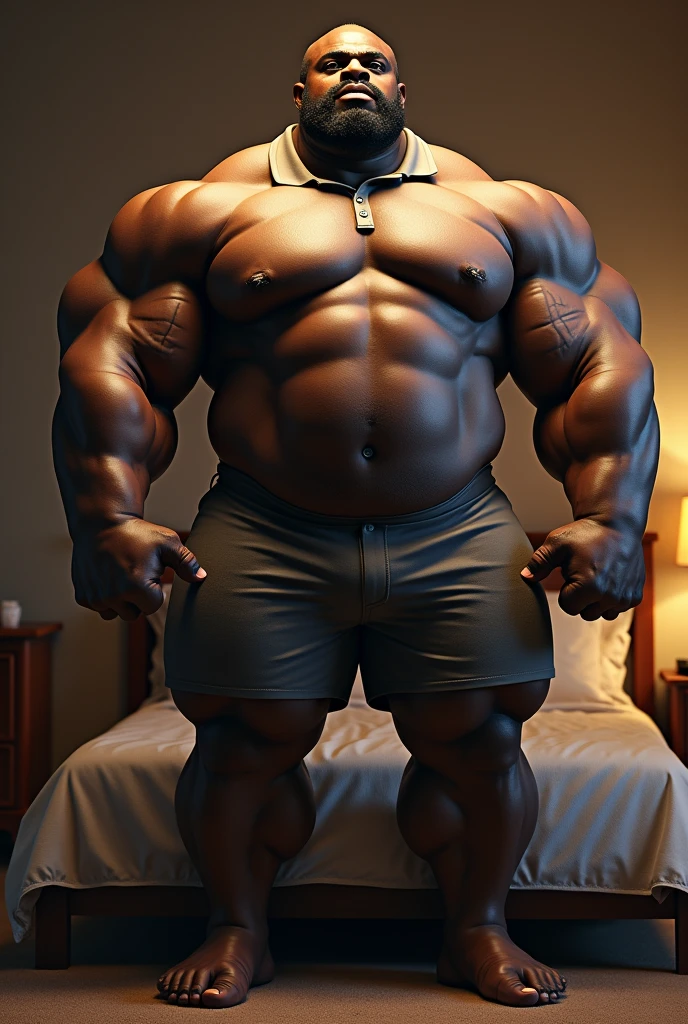 The beefiest man ever, enormously beefy black man with absolutely massive thighs and a gargantuan oversized chest, insanely huge muscle pecs, hyper muscular black bodybuilder, tight polo, enormously wide chest, enormously wide hips, colossal muscle butt, bedroom background, high quality, huge muscles