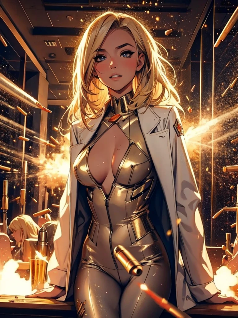 girl at a nightclub sitting at bar, eyeliner (masterpiece) (best quality) (detailed) (8k) (HDR) (wallpaper) (cinematic lighting) (sharp focus) (intricate) blonde hair, biting lip, medium hair, white and gold bodysuit outfit, sexy, blush, aroused, cleavage, shiny , wet skin, girl, dark makeup, (((firing,bullet,gun,light particles))), underboob, trenchcoat, handgun