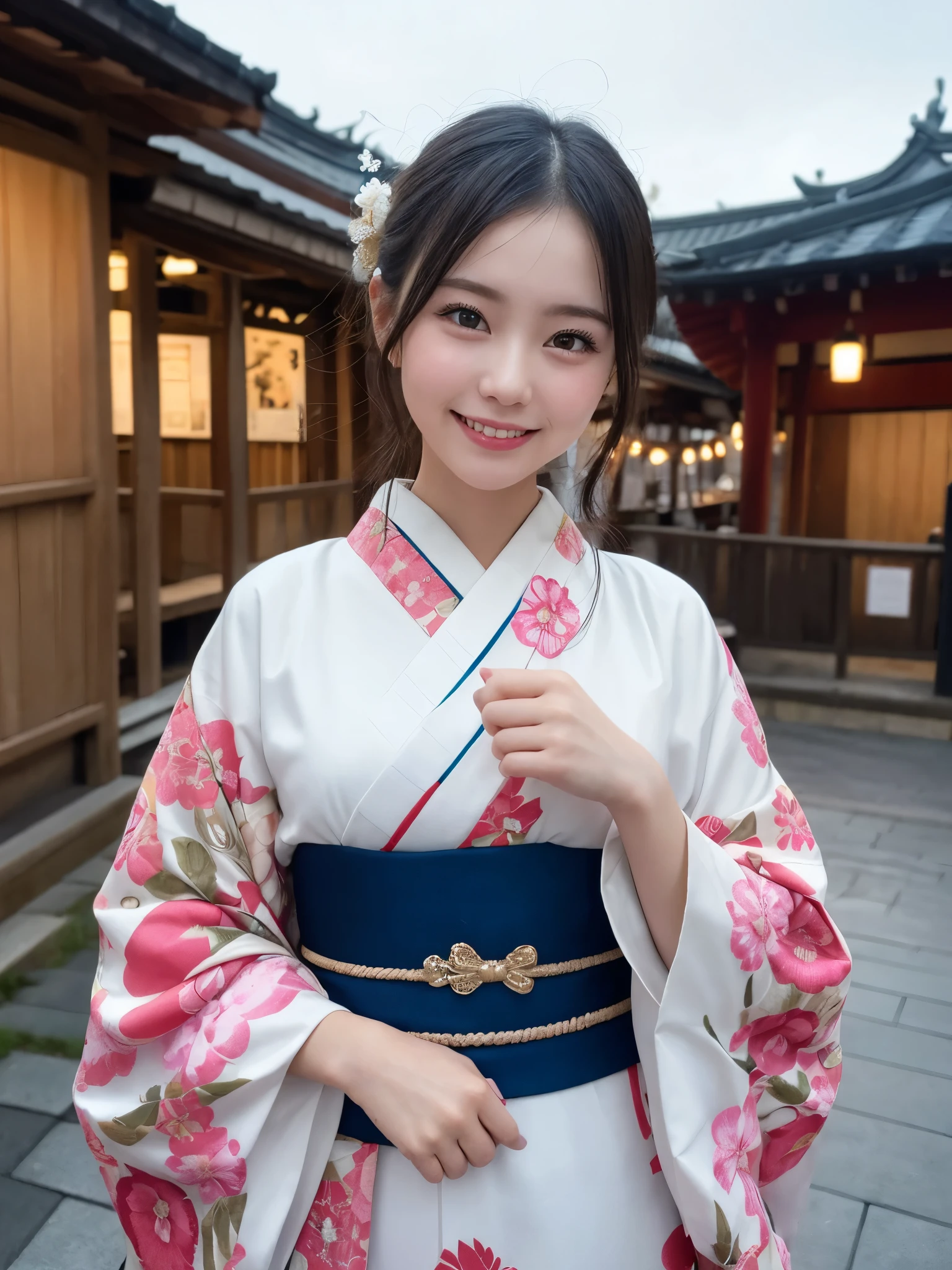 1girl, 22 years old, cute and beautiful, solo, highres, best_quality, masterpiece, detailed_background, intricate_details, beautiful, kyoto, kiyomizu_temple, city_view, traditional_clothes, kimono, smile, looking_at_viewer, dynamic_pose, natural_pose, candid, happy
