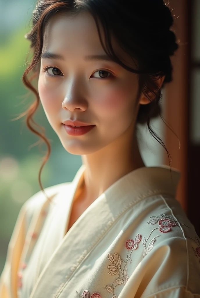 An elegantly dressed Japanese woman in natural light、A close-up of her chest and calm expression.、It shows her inner peace and outer charm.。