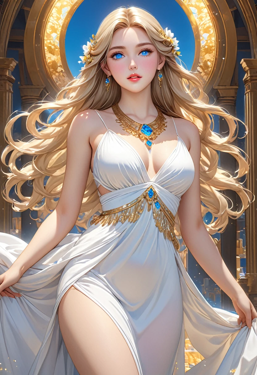 ((best quality)), ((artwork)), ((extremely detailed face)), ((perfect lighting)), ((extremely detailed CG)), ((perfect hands, perfect anatomy)), Sex/Gender= Female
Aliases= Dawnstar, Your Grace, Princess
Age= 20
Pronouns= Her/She
((Hair= Pure White, quite long, abundant))
((Eyes= Jewel Blue))
Features= Lean,curvy, ((lightly tanned skin)) , younger , exceedingly beautiful, delicate features, full lips
Height= 5'5"
Clothing= Long sleeveless white dress greek style, wide gold necklace around her body to the waist.]
