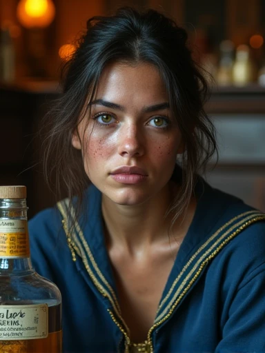 Rugged scruffy weathered 23 years old woman sailor, a portrait of a seawoman.((She wears a blue uniform with 17th-century ship's captain gold braid.)). capturing a slightly befuddled expression, she is sitting at the table next to her there is a bottle of whiskey, focus is on his facial expressions and the subtle details like the glint in his eyes, cozy, moody cinematic atmosphere, soft cinematic light, RAW photo, dreamy soft focus, detailed photo, gorgeous, shallow depth of field, bokeh, volumetric lighting, iridescent skin, (surreal:0.4), hyper detailed photorealistic life-like accurate proportional 8k sharp focus, (accurate cinematic lighting), photorealistic detail