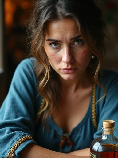 Rugged scruffy weathered 23 years old woman sailor, a portrait of a seawoman.((She wears a blue uniform with 17th-century ship's captain gold braid.)). capturing a slightly befuddled expression, she is sitting at the table next to her there is a bottle of whiskey, focus is on his expressions and the subtle details like the glint in his eyes, cozy, moody cinematic atmosphere, soft cinematic light, RAW photo, dreamy soft focus, detailed photo, gorgeous, shallow depth of field, bokeh, volumetric lighting, iridescent skin, (surreal:0.4), hyper detailed photorealistic life-like accurate proportional 8k sharp focus, (accurate cinematic lighting), photorealistic detail