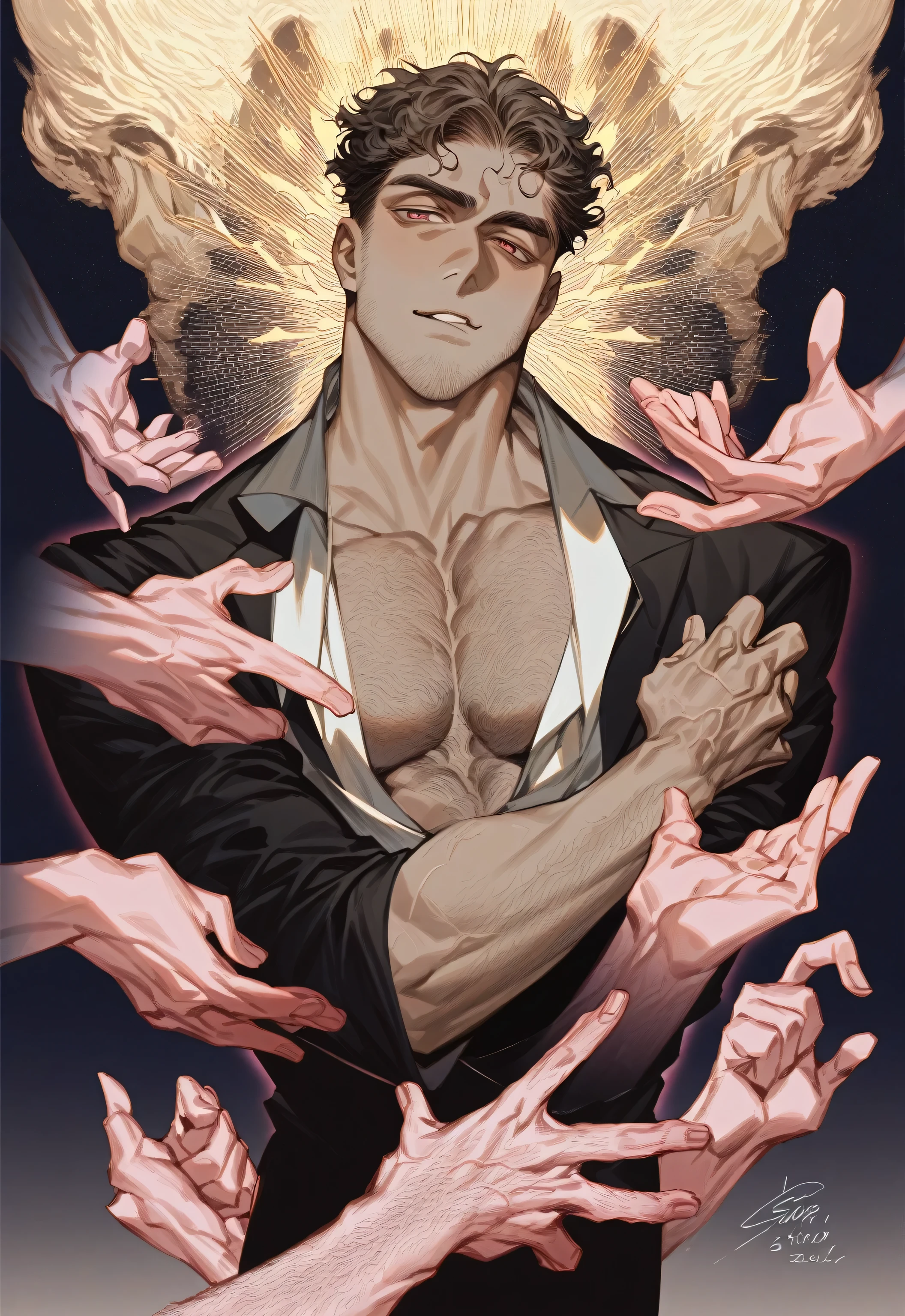 masculine man, muscular, deailed body, gay, detailed, elegant suit, hairy body, veiny hands, sukuna, magenta, seductive look, detailed face, detailed hands, divine aura