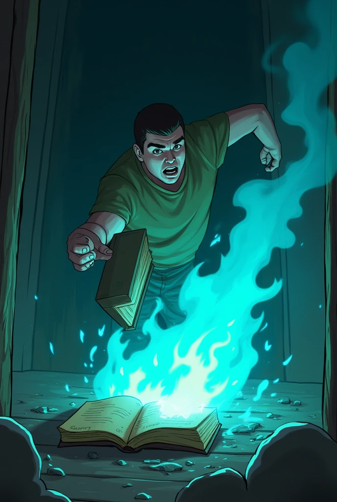 desperately tries to throw the cursed book into a fire, with glowing blue and green flames."."animation form