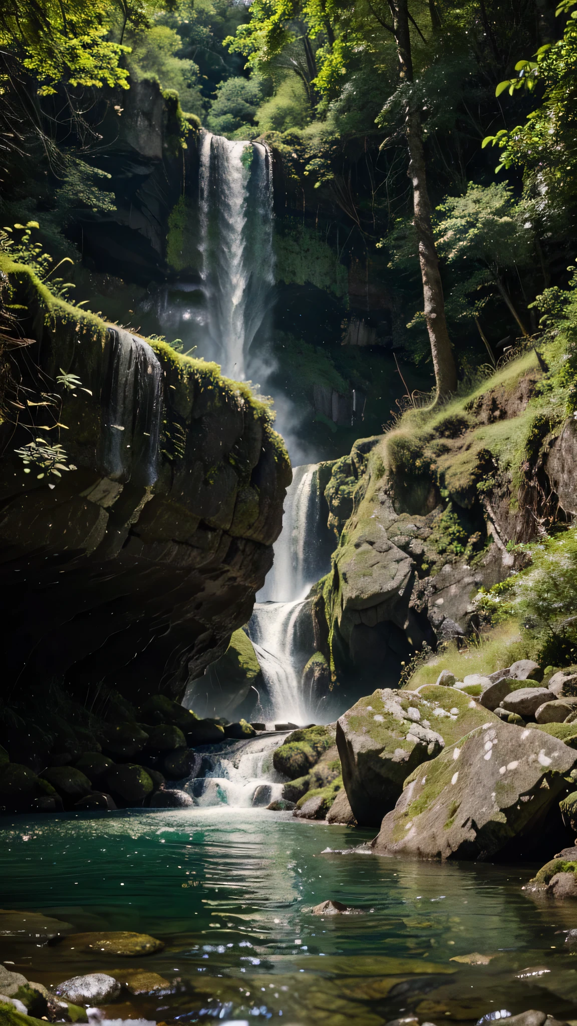 detailed lush green mountains, waterfall cascading down rocky cliffs, crystal clear river, serene landscape, vibrant colors, natural light, photorealistic, 8K, HDR, highly detailed, dramatic lighting, cinematic composition, epic scale, beautiful scenery, outdoor environment, nature photography