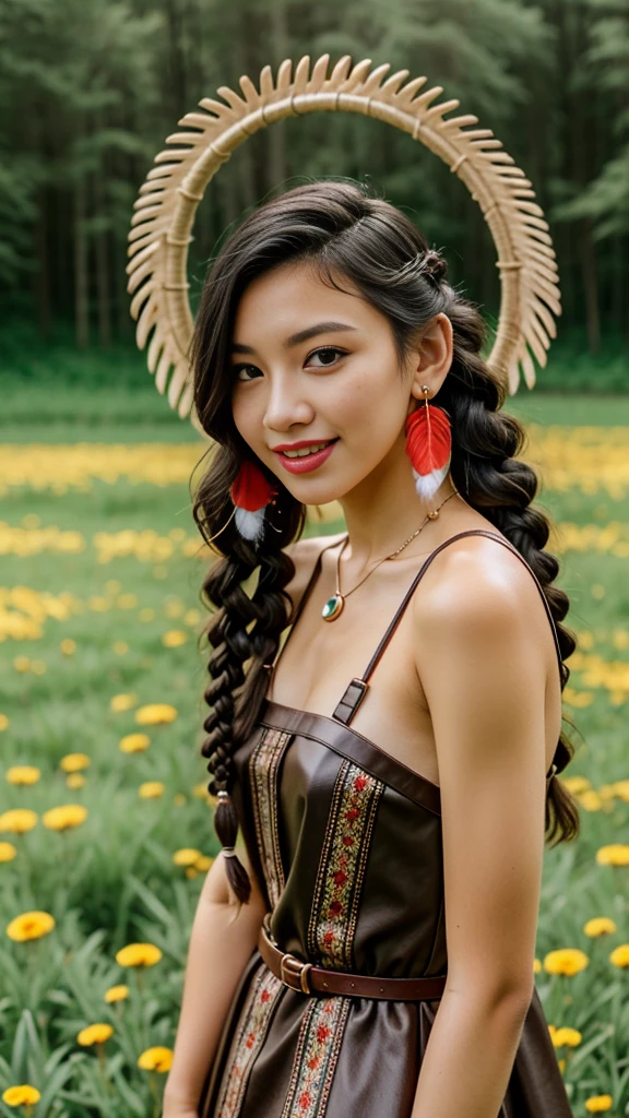 ((chubby)), 25 year old Poahontas, pale white skin, freckles, bright red lips, ((native beads, feather earings, dark braided hair)), brown eyes, smiling, perfect beauty, posing in field of flowers, ((short brown leather dress with native decorations)), long legs, exposed thighs, 