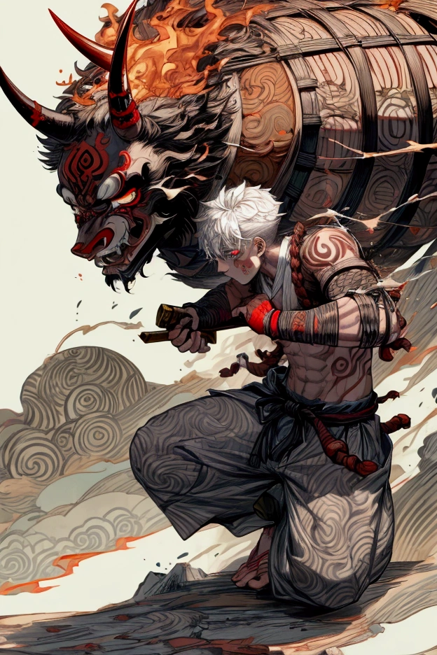 (masterpiece), (best quality), (detailed), a male, asura god, god of chaos, destroyer, white hair, shining eyes, torso symbols tattoo, flames around body, japanese style, rage, samurai katana, foo dog,