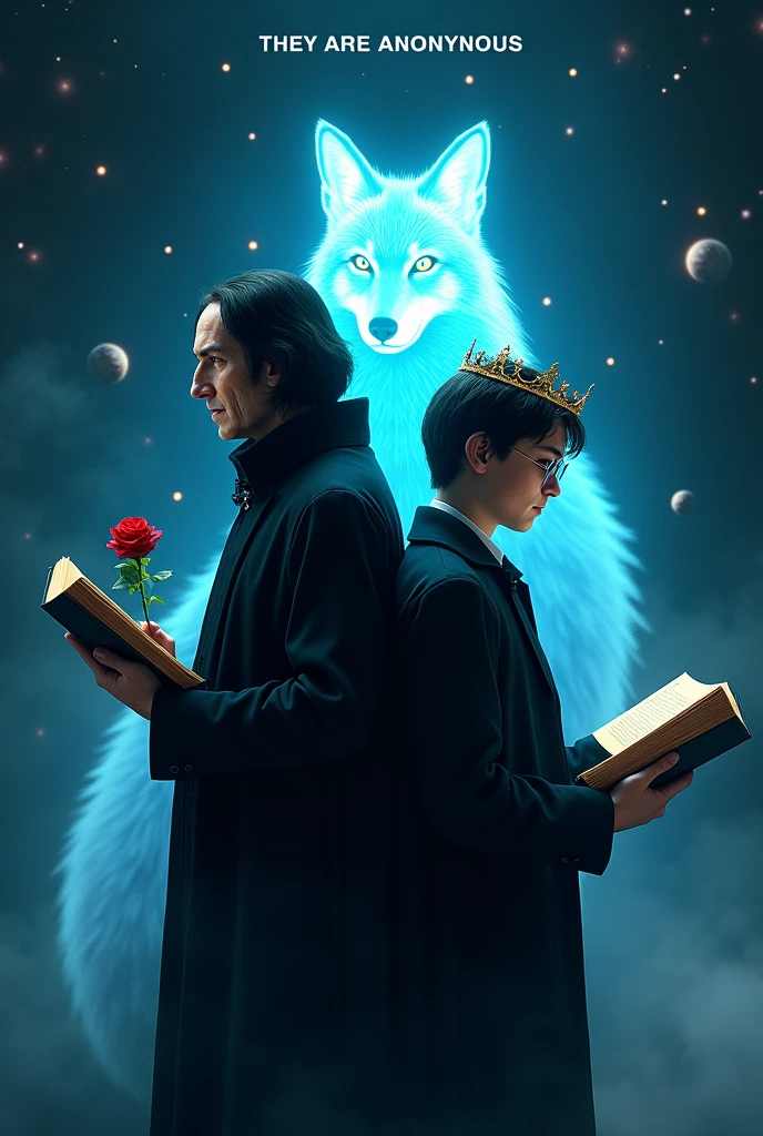 Severus to Snape, the head of Slytherin house must be in the picture, with a red rose in her hand,  and Harry Potter&#39;s 17-year-old self, in glasses, with a crown on his head.  The two characters should stand with their backs to each other. In the middle of the background is a blue glowing fox, similar to protective charms, outer space, the shooting stars, the smaller planets and the two characters have one open, it must be on a blank book. THEY ARE ANONYMOUS should appear at the top of the image.