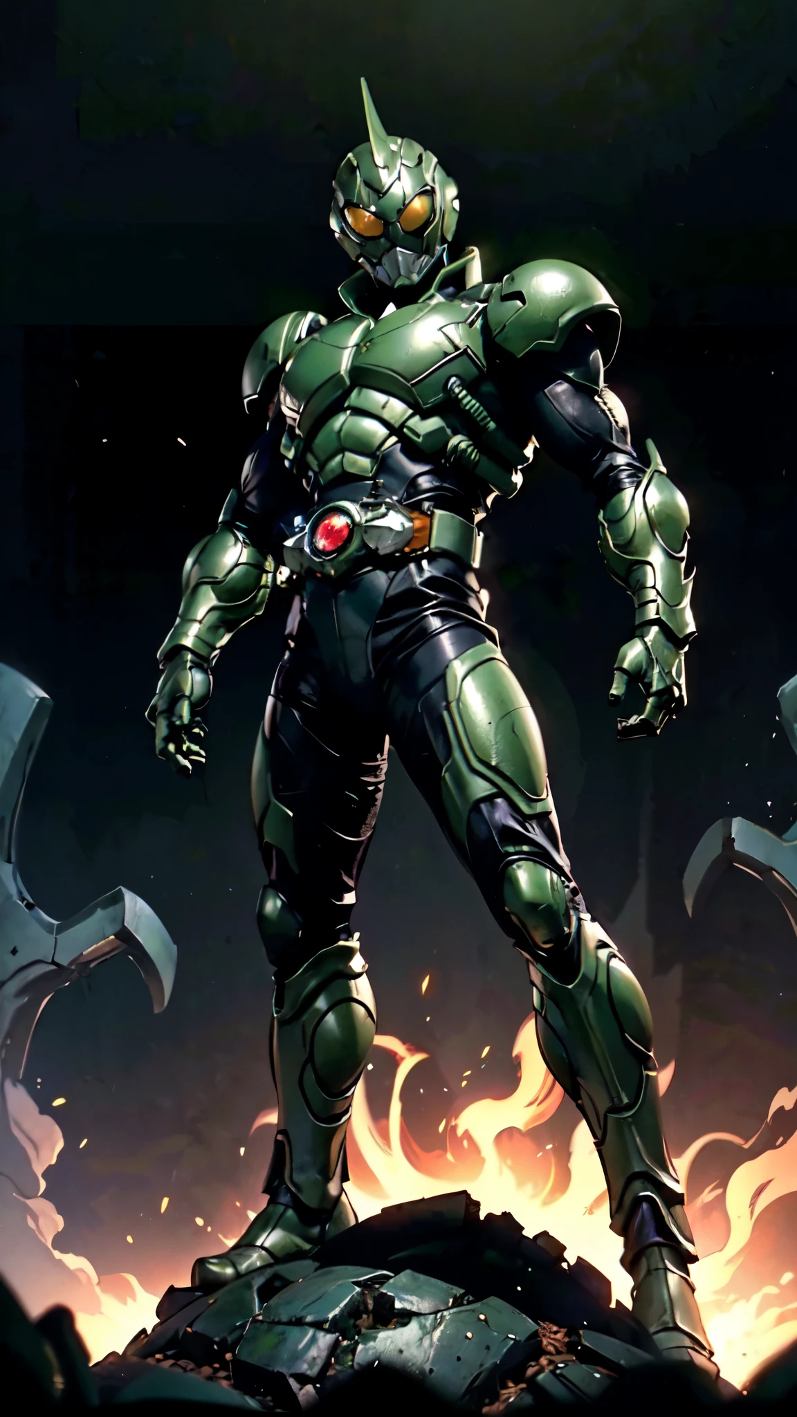 (masterpiece:1.5, best quality:1.5, extremely delicate:1.5), a man wearing a full-face helmet, a fantasy-style biotech armored combat suit, green eyes, (a composite layered chest armor), fully enclosed shoulder guards, matching arm and leg guards, belt of Neon circuit, (the color scheme is primarily black with green and red accents), the design balances heavy with agility, a high-tech bio-mecha armor, (Armor Concept Inspired by Kamen Rider, stand on the top of a skyscraper in a futuristic sci-fi city), this character embodies a finely crafted fantasy-surreal style armored hero in anime style, exquisite and mature manga art style, (element, plasma, energy, the armor glows), ((male:1.5)), metallic, high definition, highres, ultra-detailed, ultra-fine painting, professional, perfect body proportions, golden ratio, anatomically correct, symmetrical face, extremely detailed eyes and face, high quality eyes, creativity, RAW photo, UHD, 32k, Natural light, cinematic lighting, masterpiece-anatomy-perfect