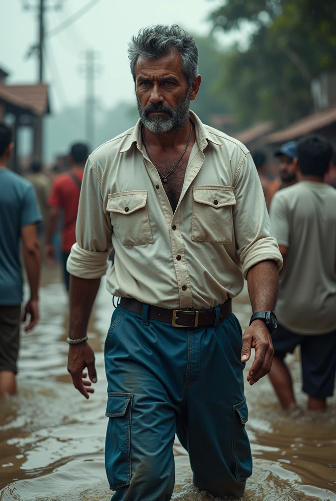 A man with dark hair and beard 30 year old wearing plain full hand white shirt not tucked with pant and thick blue pant they helping people in flood