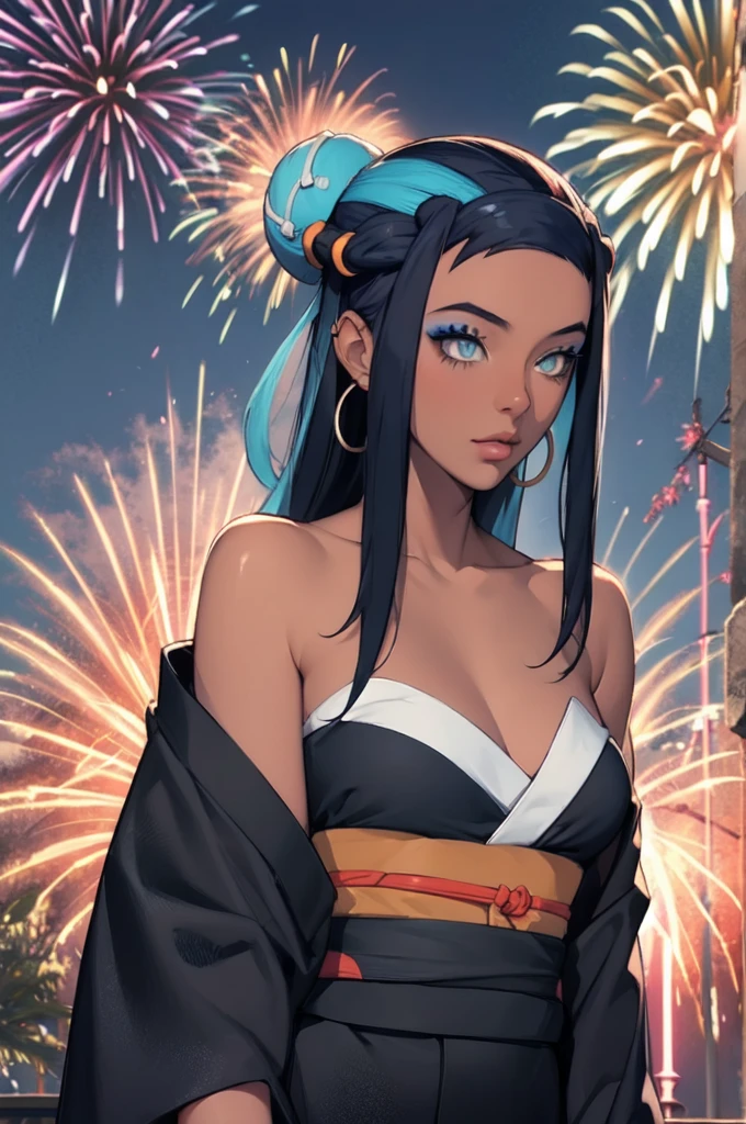 masterpiece, best quality, solo, 1girl, nessarnd, dark skin, makeup, single hair bun, kimono, hoop earrings,medium breasts, bare shoulders, fireworks