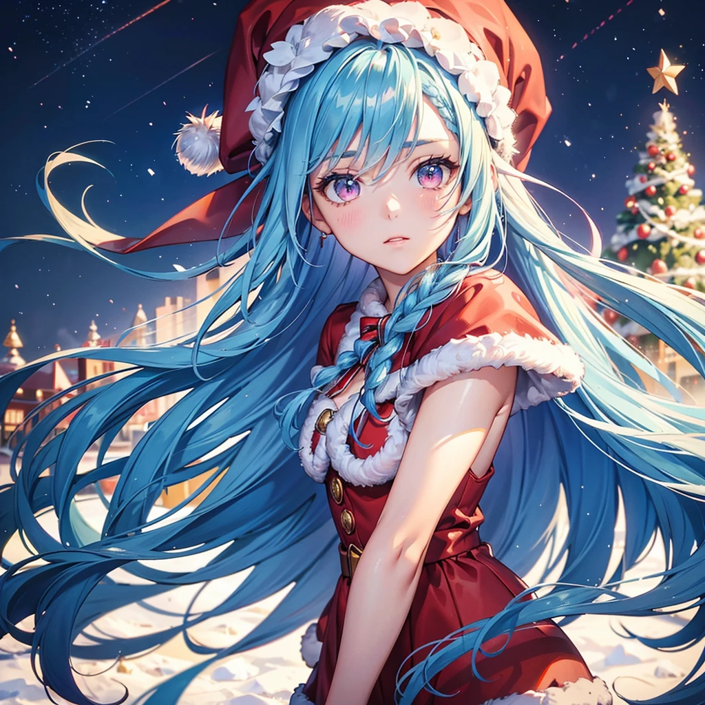 (Sky Blue Hair),(Braided Hair),(Pink Eyes),(Fair Skin),(Full Body),(Alone),(Santa Claus Clothes),(Giant Christmas Tree in the Background),(Snowy Night),Sparkling Night Sky,(Masterpiece, Top Quality, Very Detailed, Best Shadows),(Detailed Background),(Beautifully Detailed Face),High Contrast,(Best Lighting, Very Delicate and Beautiful),((Cinematic Light)),Hyper Detail,8k,Dramatic Light,Exquisite Detail,