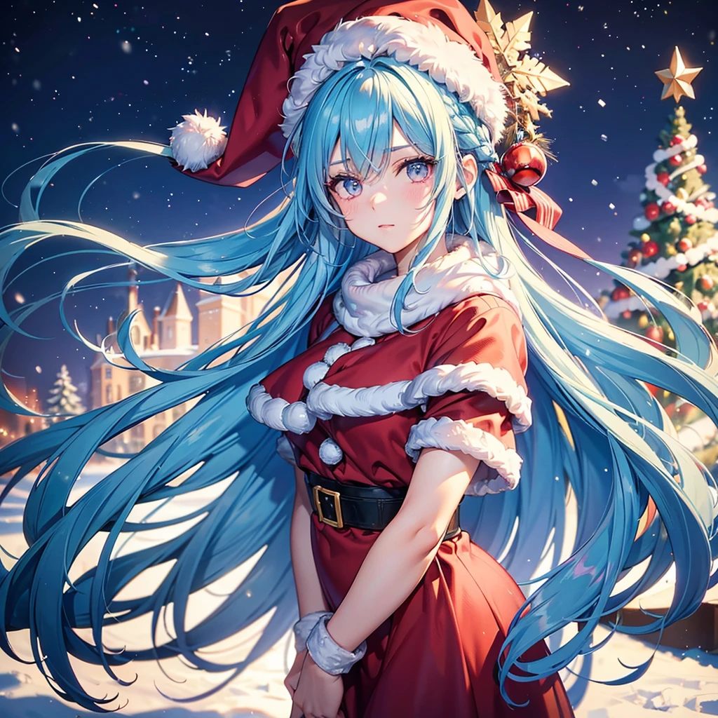 (Sky Blue Hair),(Braided Hair),(Pink Eyes),(Fair Skin),(Full Body),(Alone),(Santa Claus Clothes),(Giant Christmas Tree in the Background),(Snowy Night),Sparkling Night Sky,(Masterpiece, Top Quality, Very Detailed, Best Shadows),(Detailed Background),(Beautifully Detailed Face),High Contrast,(Best Lighting, Very Delicate and Beautiful),((Cinematic Light)),Hyper Detail,8k,Dramatic Light,Exquisite Detail,