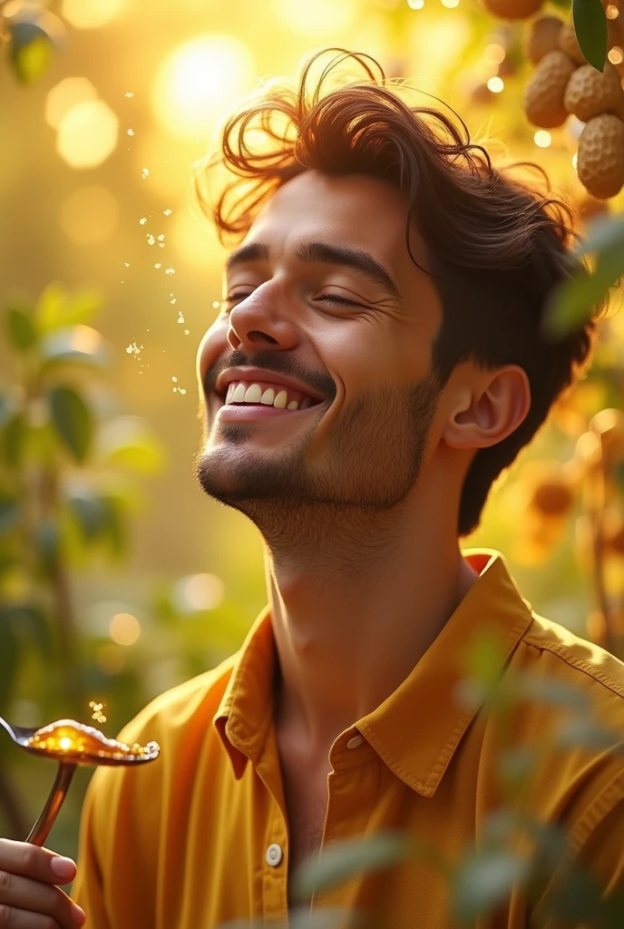 visual of a young man overcoming his anxiety or restlessness and feeling happy after drinking pure honey