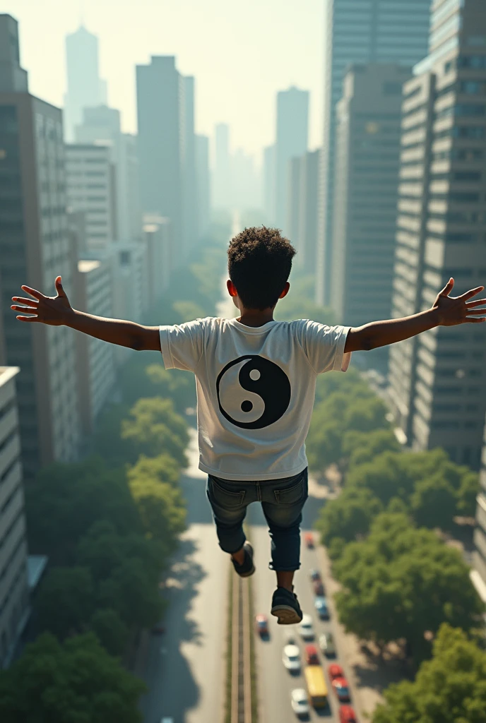 A youth boy with an adult mind, full of talents or feautures flying in a big city without wings but with hands opened up. Not far from the ground but at the middle of the large trees. Seems happy and strive for more. Hustler. A picture should look like he laid as in fly motion and the picture took from behind above him flying and the happy face is seen by him turning and smile shun. Behind. He wears a tshirt drawn a yinyang symbol. The picture is taken from behind, the yinyang symbol from the backside of the tshirt and the teenage is african american halfcast. He should seems as he lays in the air like superman 