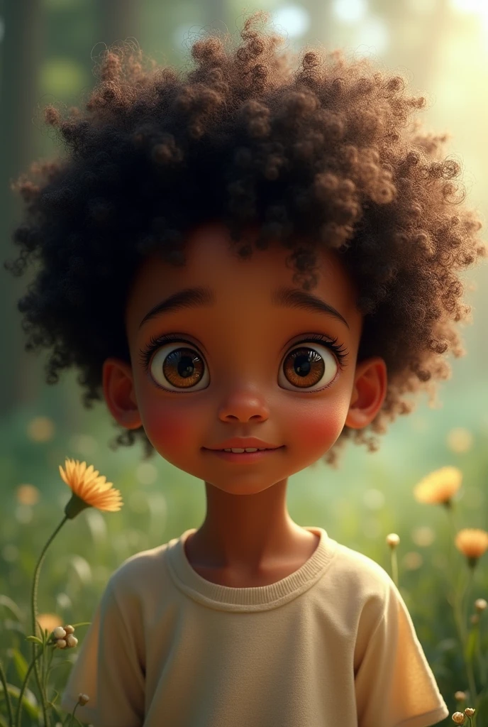Boy with curly afro hair , white and with honey-colored eyes