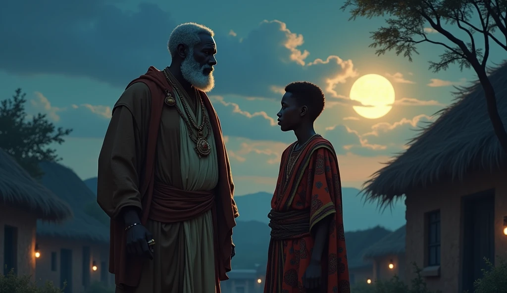 (African folktale)Zolani looked at his son, seeing in him the same fire that had once driven him to greatness—and to ruin. He sighed deeply, his voice carrying the weight of his past as he replied, "Mandla, my son, the power I wielded was not true power. It was born of fear and maintained through suffering.
The king is an old wise man dressed in a regal buth worn-out attire.
His son is a 23 years old man dressed in a rich vibrant robes that signify his royal heritage,
They both are standing in the edge of the village down the evening as moon shines.