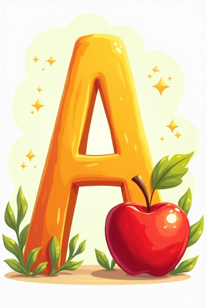 A**: "Illustrate the letter 'A' in a bright, bold font with an apple next to it. The background should be light and playful, with additional small elements like leaves and sparkles to make the scene engaging for children."