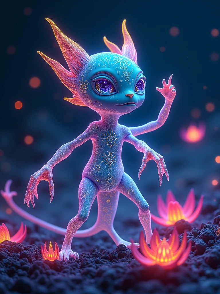 ((((Black Light Art)))), An extraterrestrial creature with multiple colorful appendages and eyes that shimmer in various hues. Its body exudes a bioluminescent glow while it moves in a zero-gravity environment. On its body, intricate patterns are carved out, similar to the constellations in the sky. Its skin color changes adaptively to its surroundings. This alien creature thrives in an alien terrain filled with bioluminescent flora that emits a soft radiating glow, Casting an otherworldly glow across the overall dark background.