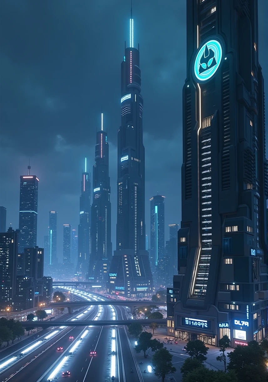 Unbelievably tall, ultra tall, multiple buildings, neon logo, neon lights, birdseye view ,art deco design,streamline moderne,futuristic architecture, Abstraction,modern style,Luxury and Luxury,dark night view,dark moody atmosphere, Futuristic decorative elements,Metallic,number line,sci-fi lamp,Virtual Engine,Unreal rendering, greenery, highways, cars, solar paneled roofs, ecofriendly, rooftop gardens, apartment buildings, balconies,
