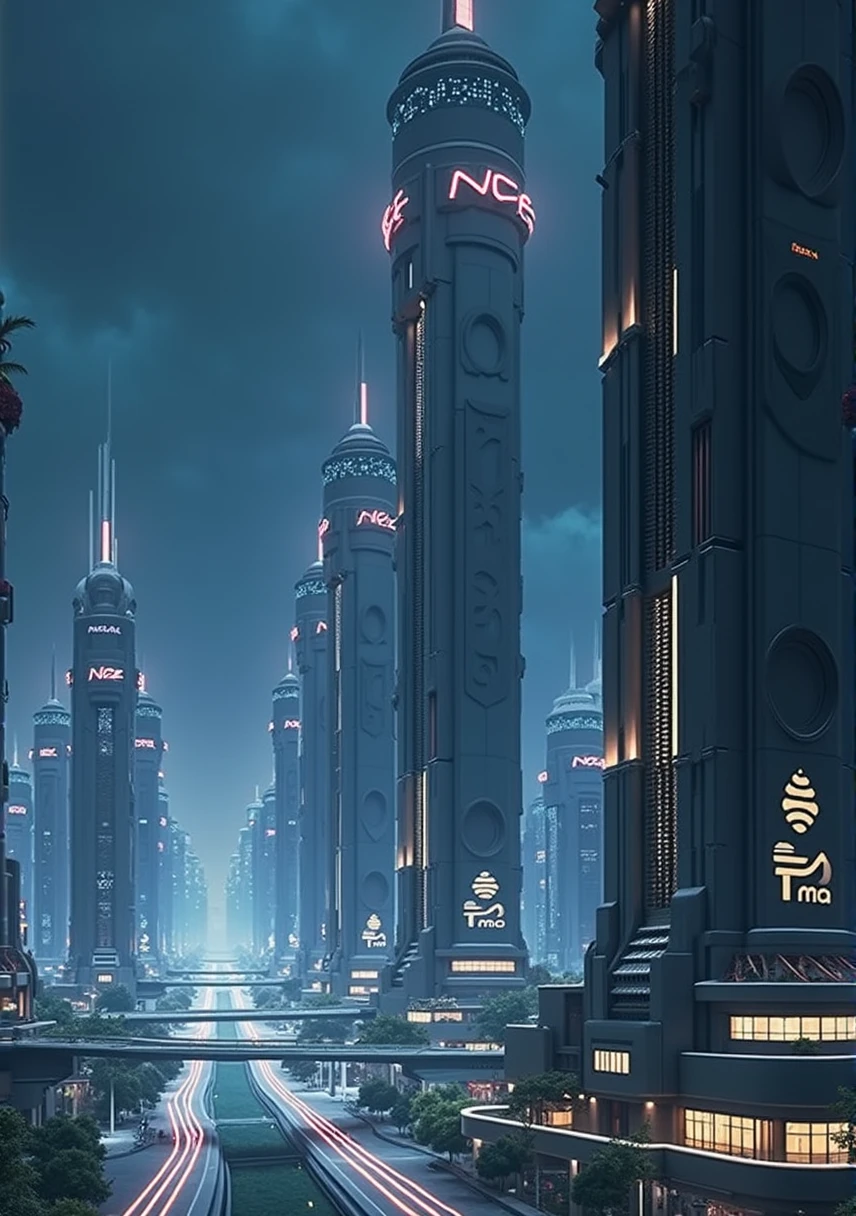 Unbelievably tall, ultra tall, multiple buildings, neon logo, neon lights, birdseye view ,art deco design,streamline moderne,futuristic architecture, Abstraction,modern style,Luxury and Luxury,dark night view,dark moody atmosphere, Futuristic decorative elements,Metallic,number line,sci-fi lamp,Virtual Engine,Unreal rendering, greenery, highways, cars, solar paneled roofs, ecofriendly, rooftop gardens, apartment buildings, balconies,