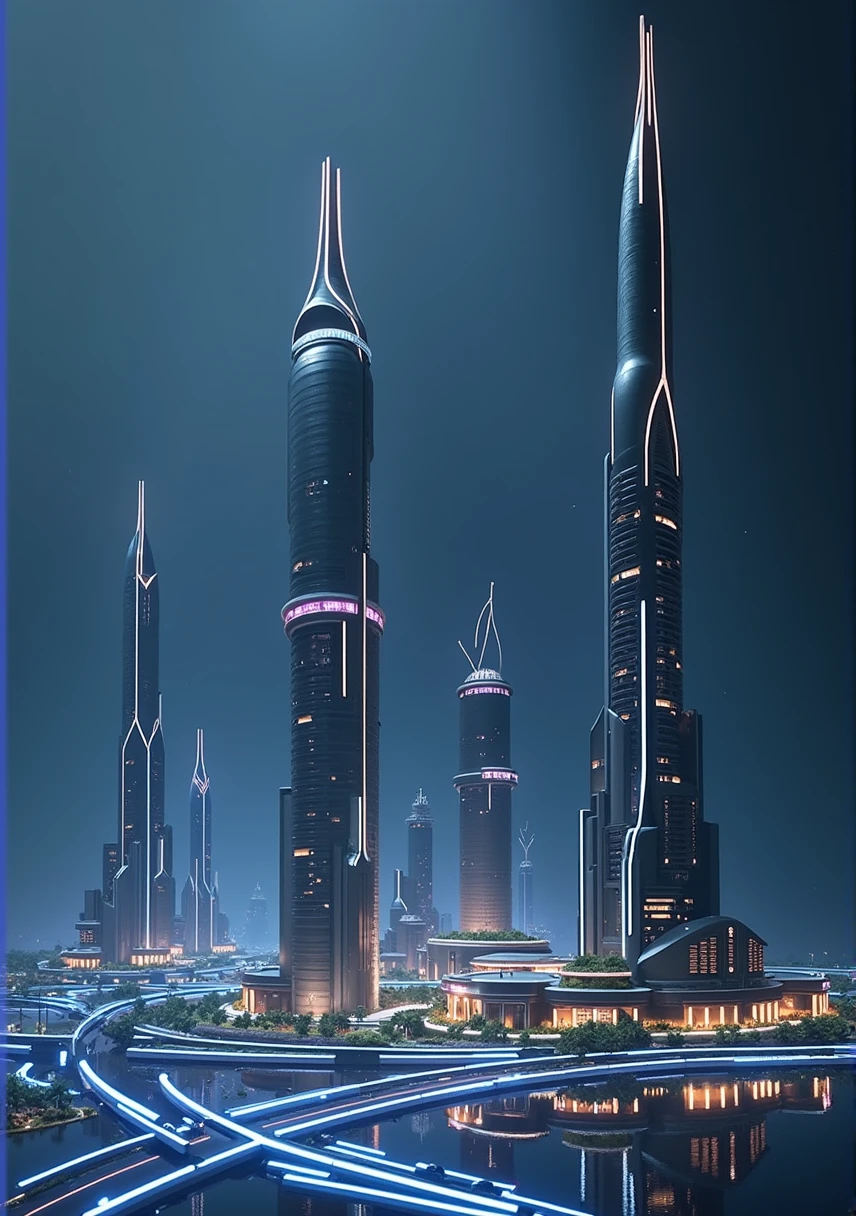 Unbelievably tall, ultra tall, multiple buildings, neon logo, neon lights, birdseye view ,art deco design,streamline moderne,futuristic architecture, Abstraction,modern style,Luxury and Luxury,dark night view,dark moody atmosphere, Futuristic decorative elements,Metallic,number line,sci-fi lamp,Virtual Engine,Unreal rendering, greenery, highways, cars, solar paneled roofs, ecofriendly, rooftop gardens, apartment buildings, balconies,