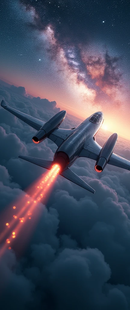 A train-shaped spaceship heads for the galaxy,Hope emerges from the clouds,Aircraft lights,A cool, sci-fi look,(A beautiful, streamlined aircraft with a sci-fi feel:2.0),(The background is outer space and the Milky Way:1.6),masterpiece,Highest quality,Ultra-high resolution,(Super detailed),8k,Realistic,Best aesthetics,beautiful,(dynamic,Great impact,Depicted from underneath the aircraft:1.2)