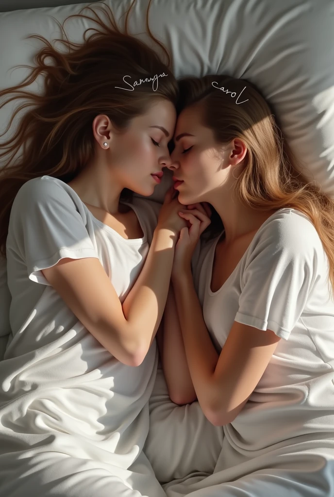 Creat a realistic image of two girls sleeping on top of eachother in the bed and kissing and wearing white tops and on once top it's written samayra and another it's written carol on the top