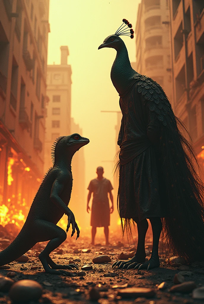the city is on fire then there is a lizard that can stand and a gecko that can stand and a man who wears a mask and a peacock with the title lizard man