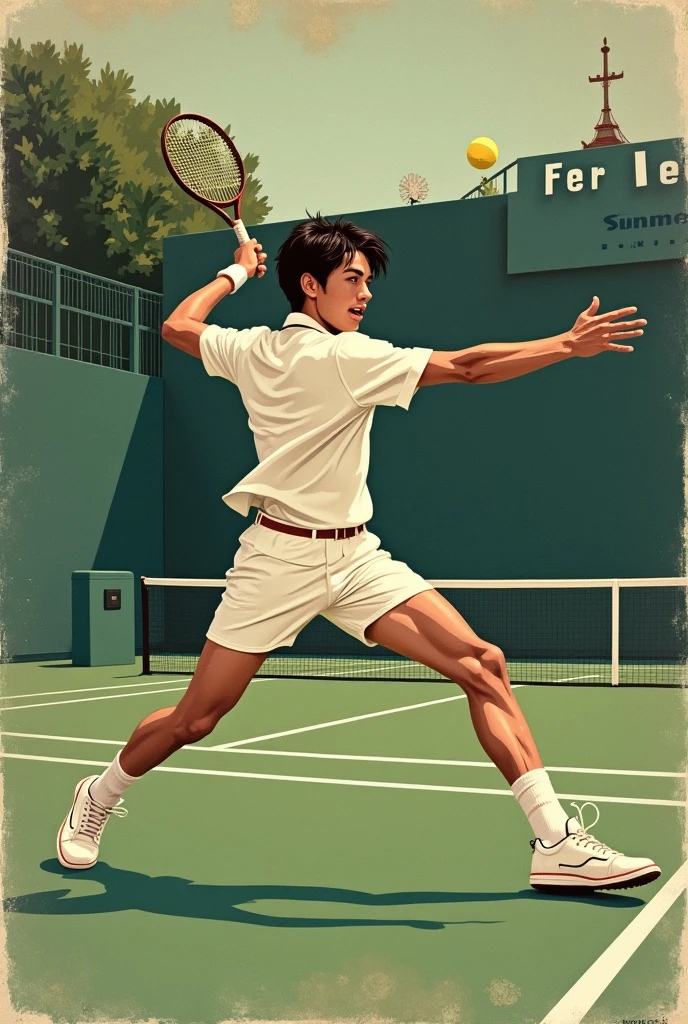 Vintage、Vintage風、An illustration、tennis、tennisプレイヤー、Foreigners、smash、One person、tennisコート、Old Posters、tennis、tennisコート、An illustration、Vintage、smash、tennis