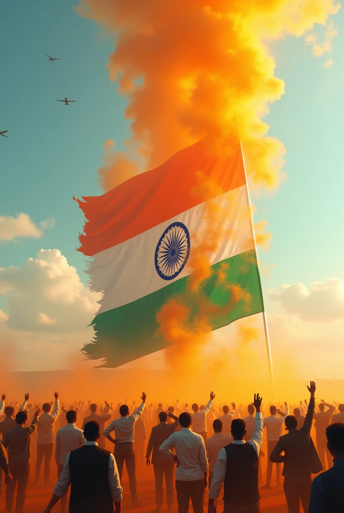(photorealism:1.2)The whole world is covered with the tricolor, 5 aircraft are raining saffron color in the sky, Indian people are saluting a big tricolor flag,