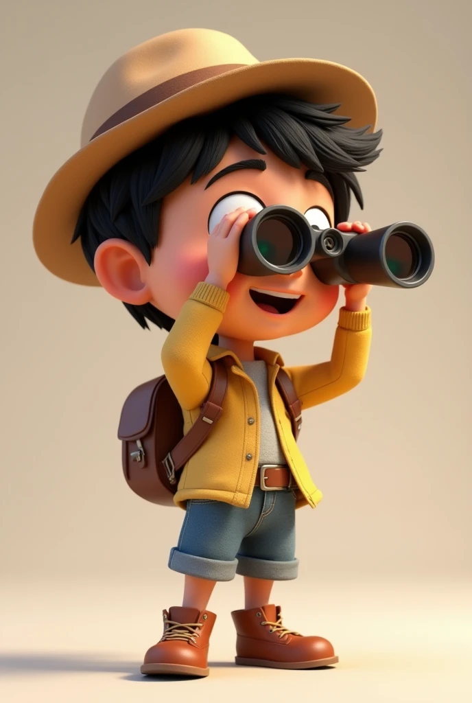 Create a 3D Disney Pixar character of a light-skinned boy with a hat and black hair, body facing crookedly to the left looking through binoculars, with a happy smile.