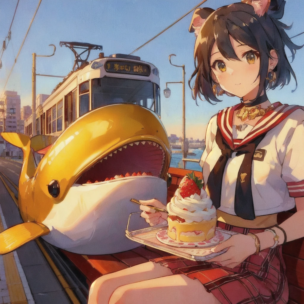 A cartoon of a golden killer whale eating strawberry cake with a tram in the background, Anime Style 4 k, Anime Food, Trending Anime Art, Beautiful and detailed anime art, Anime Style illustration, Anime Art Wallpapers 8K, Retro anime, 80年代のAnime Style, Anime Style. 8k, Very Beautiful Anime Cat Girl, Cute anime cat girl, Realistic Anime 3D Style, Cute anime visuals