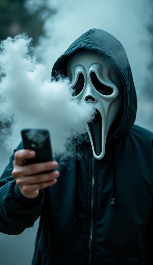 ghostface, man, gloves, black gloves, hood, mask, red background, hood up, robes, looking at viewer, standing, upper body shot, inside living room, holding cell phone, dark, night, high quality, masterpiece,  <lora:ghostface:.6>