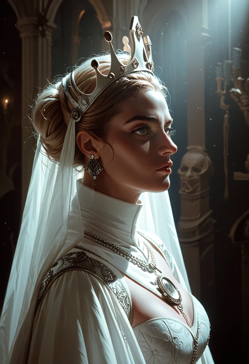 The White Queen, Grimdark, Hope, EOS R5, illustration, concept art, award winning photograph, 8k, Alphonse Mucha style, No Background, nobody, Race, Cinematic lighting