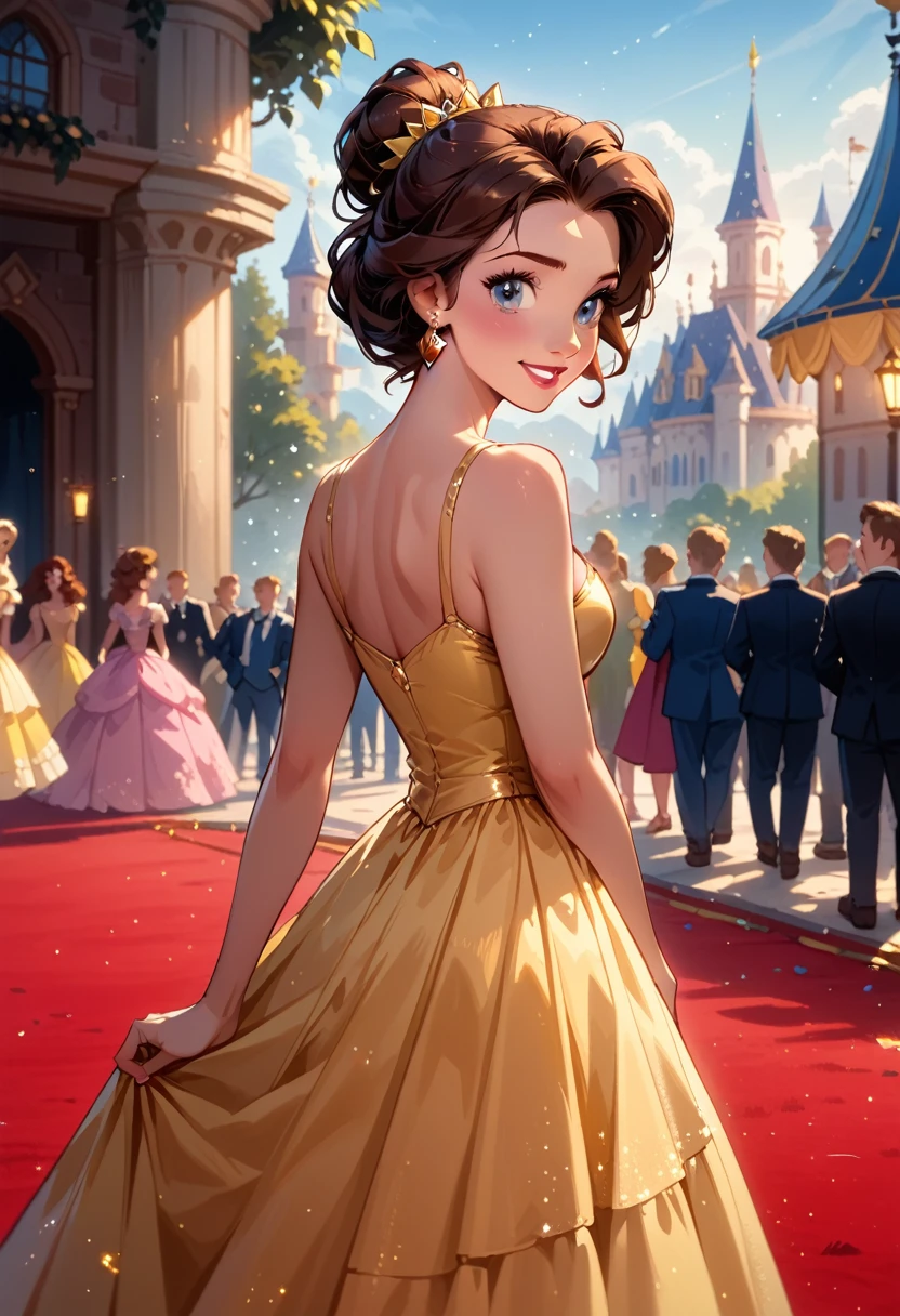 score_9, score_8_up, score_7_up, score_6_up, cinematic film still, 1girl, (Disney's Belle, brown hair, glamorous updo hairstyle:1.3), (majestic sexy yellow dress:1.3), award show, red carpet, large crowd, paparazzi, flash photography, smiling, posing, (cinematic lighting:1.2),, shallow depth of field, vignette, highly detailed, high budget, bokeh, cinemascope, moody, epic, gorgeous, film grain, grainy, midnight, beautiful eyes, highly detailed eyes, best quality, masterpiece.