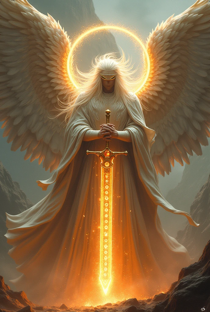 A huge angel with his eyes covered and around his head there are two spinning wheels and around them there are eyes and he has hair made of light and a huge sword of fire in his hands.